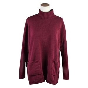 J. Jill Chenille Mock Neck Sweater Wine Burgundy Pockets Cozy Soft Size S